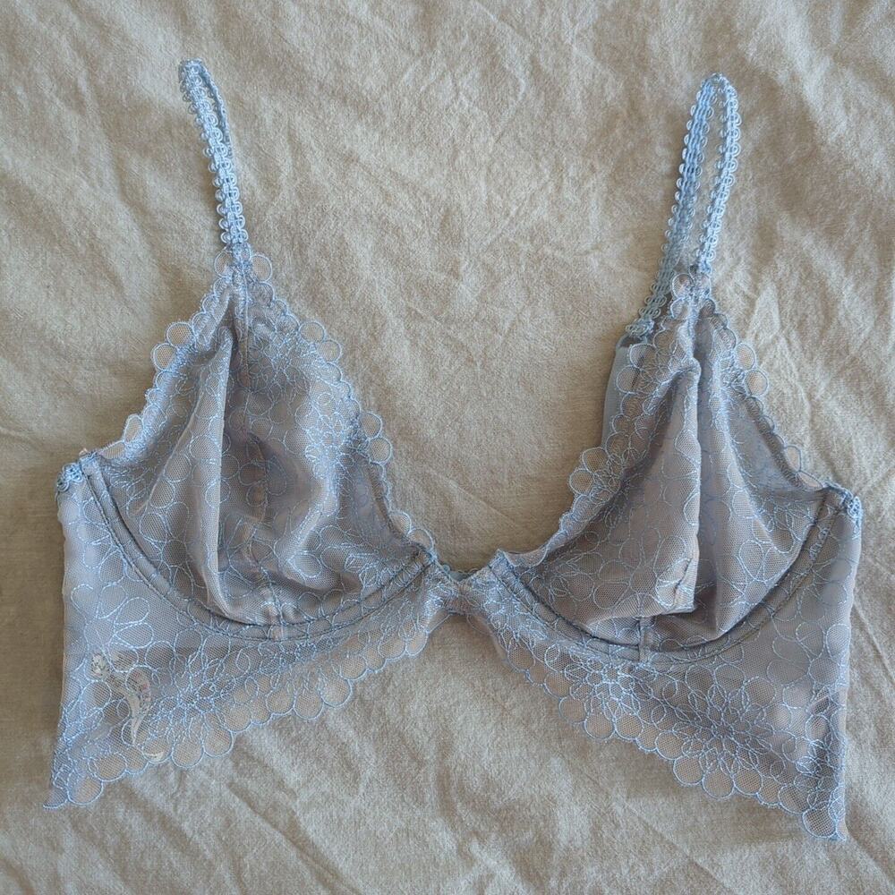 Intimately Free People Blue Lace Sheer Feminine Dainty Underwire Bra Size 34D